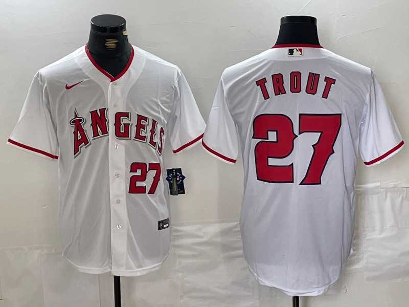 Mens Los Angeles Angels #27 Mike Trout White Cool Base Nike Jersey